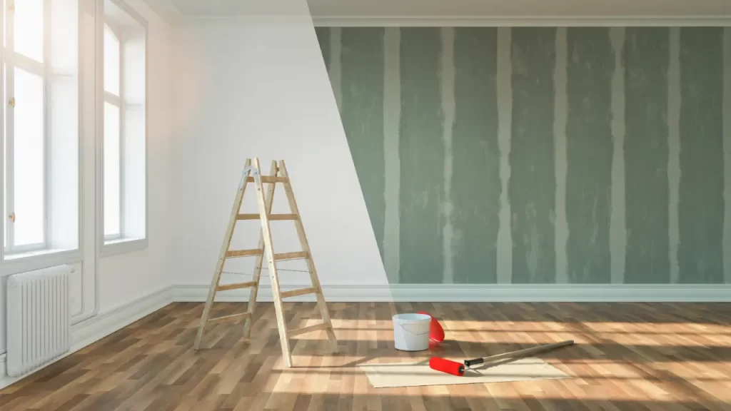 Antes e depois de uma sala renovada com pintura de paredes sem erros.