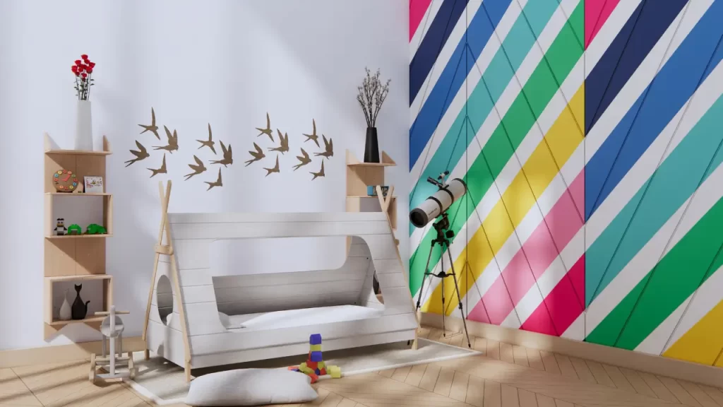  Quarto infantil com pintura de paredes sem erros e formas geométricas.