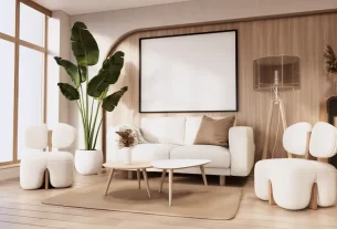 Sala decorada com móveis de madeira no estilo Japandi 2025.