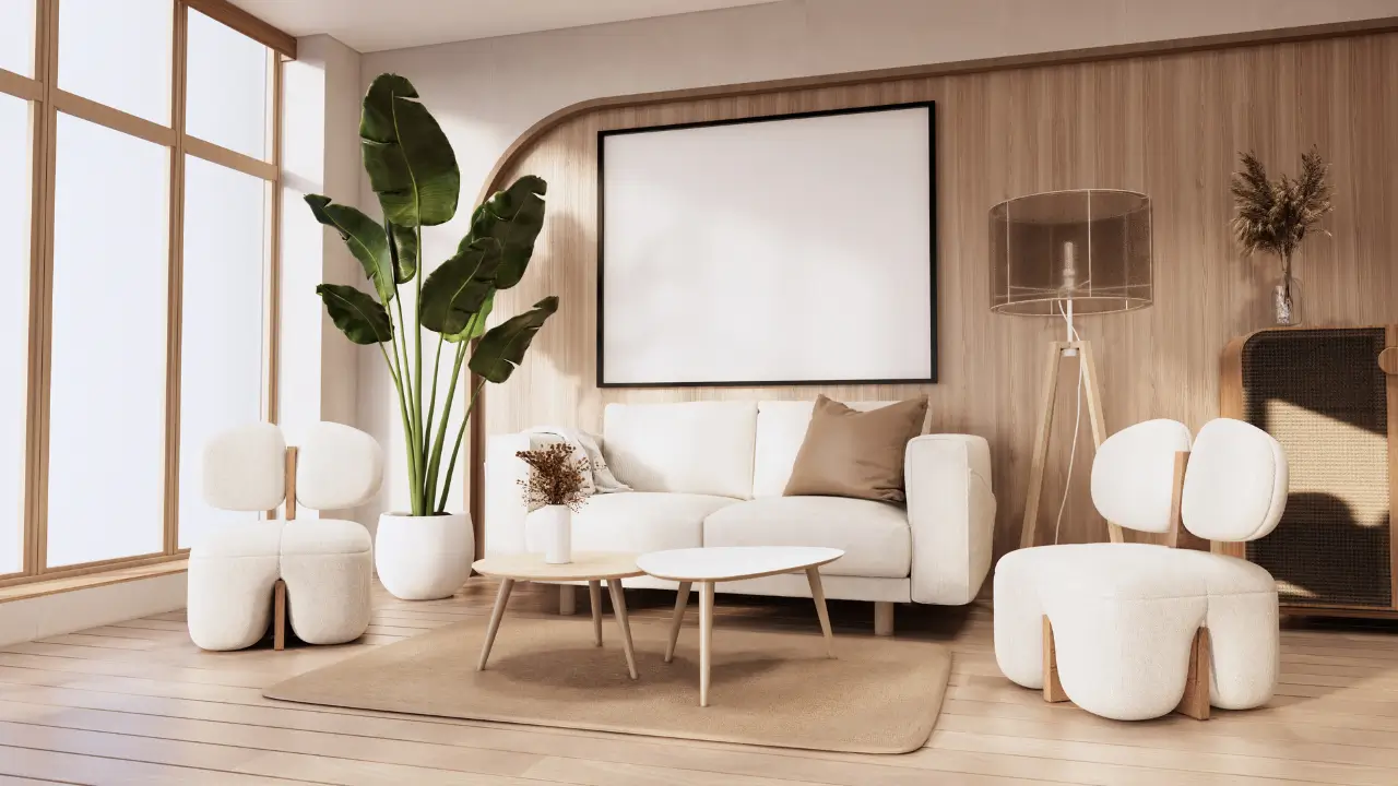 Sala decorada com móveis de madeira no estilo Japandi 2025.