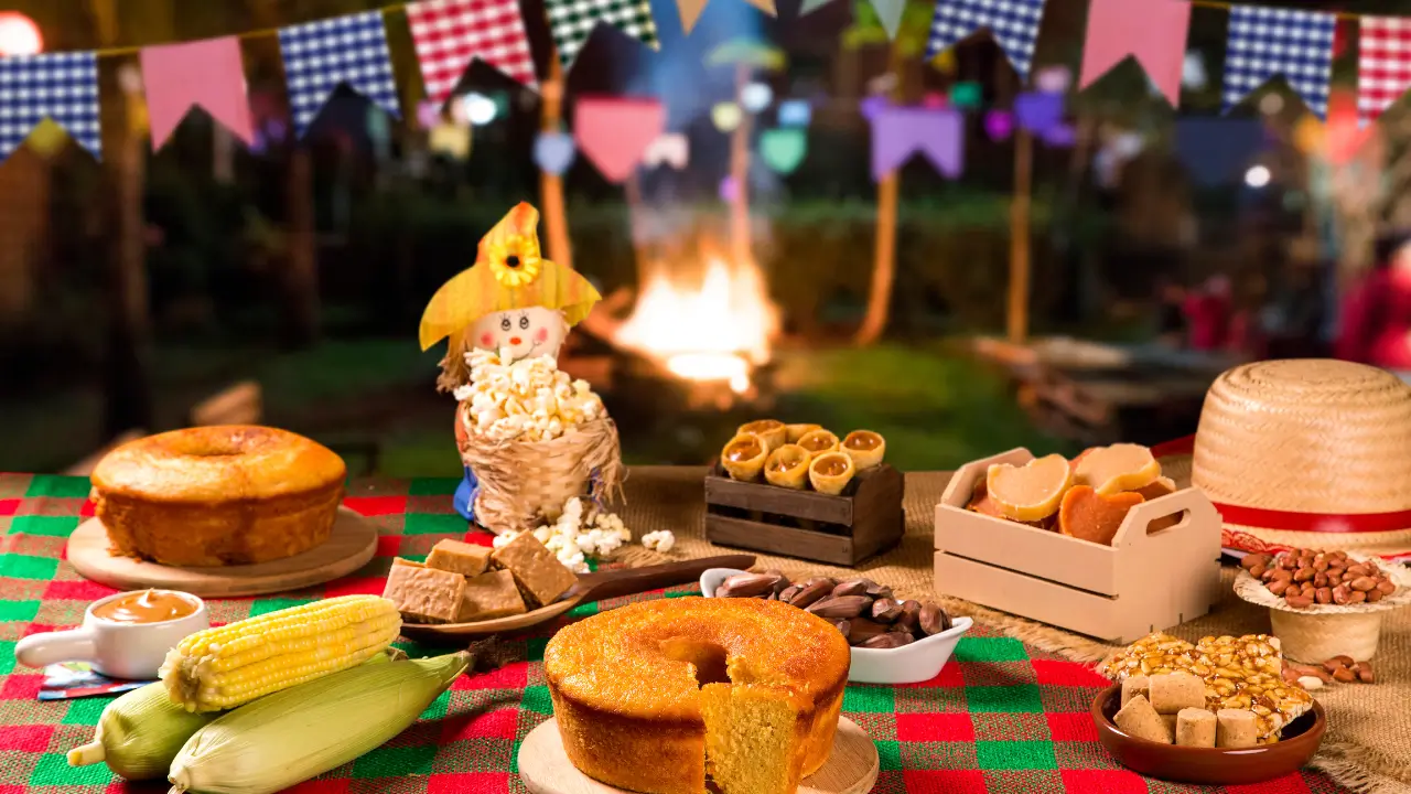Mesa de madeira decorada para festa junina 2025 com comidas típicas e fogueira ao fundo