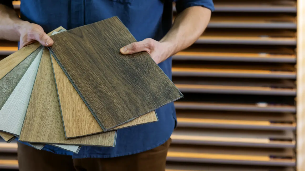 Várias amostras de réguas de piso vinílico em diferentes tons de madeira e cinza, dispostas em um leque.