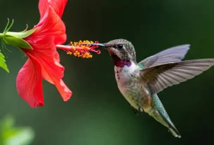 Close em uma flor de hibisco vermelho brilhante, com seus estames proeminentes, uma das favoritas dos beija-flores.