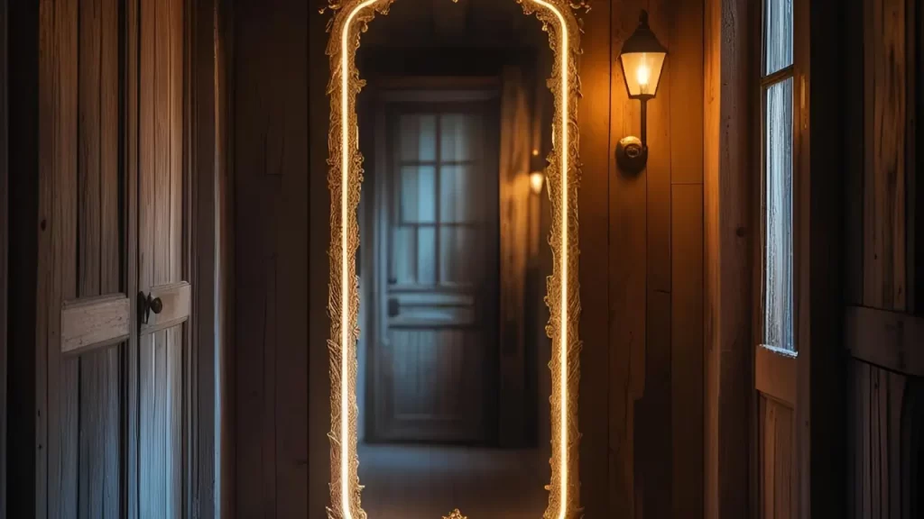 Espelho em corredor com overlay em corredor rústico, combinando madeira e iluminação