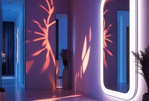 Corredor moderno com espelho overlay de luz LED