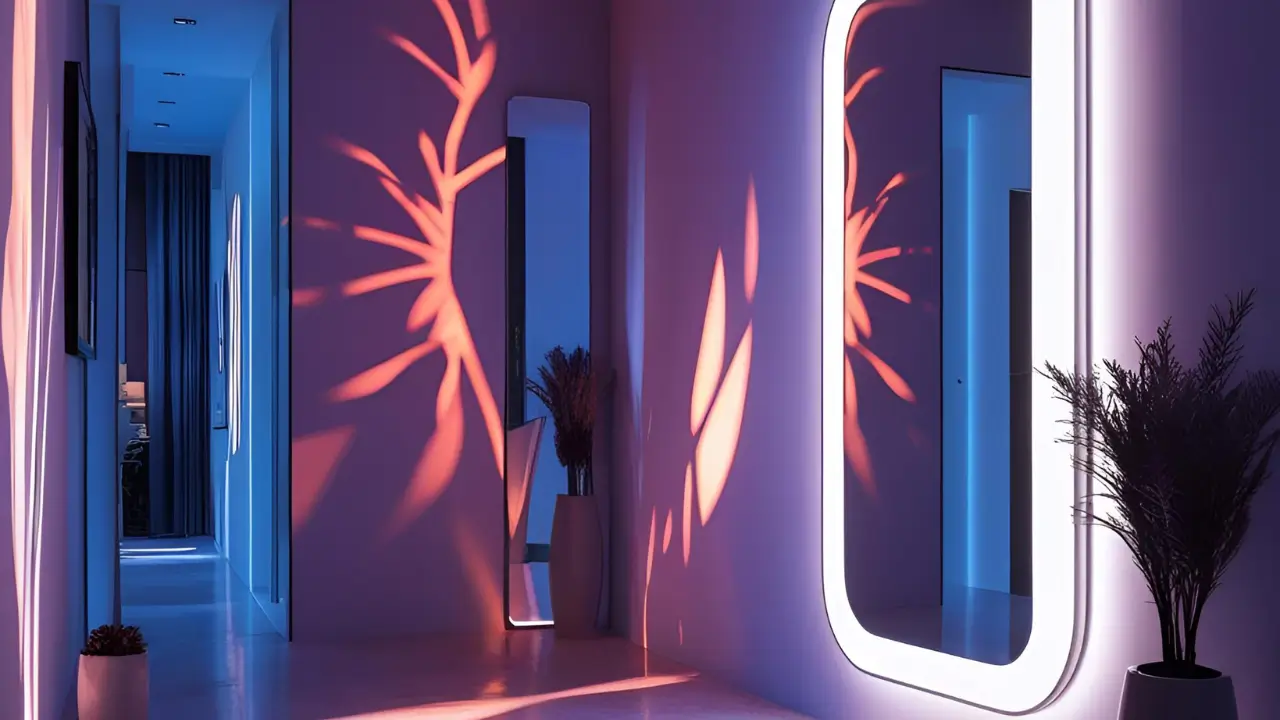 Corredor moderno com espelho overlay de luz LED