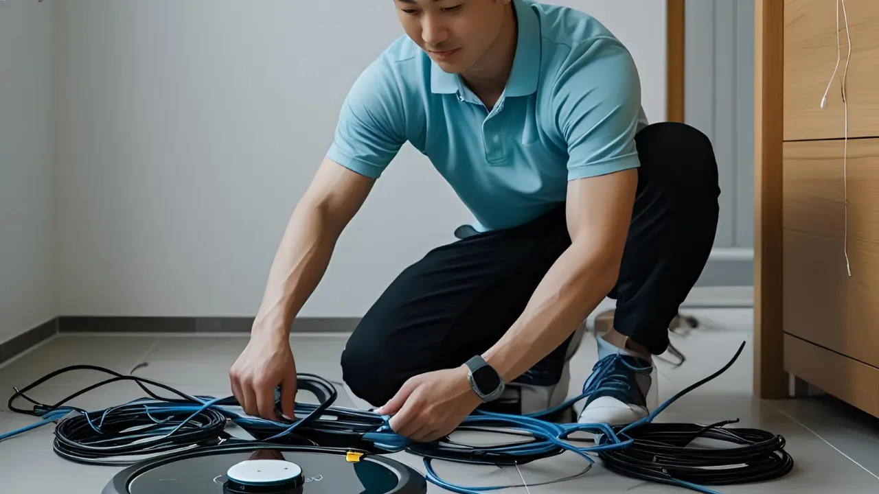 Pessoa organizando cabos no chão da sala para preparar o ambiente para a limpeza com robôs organizadores