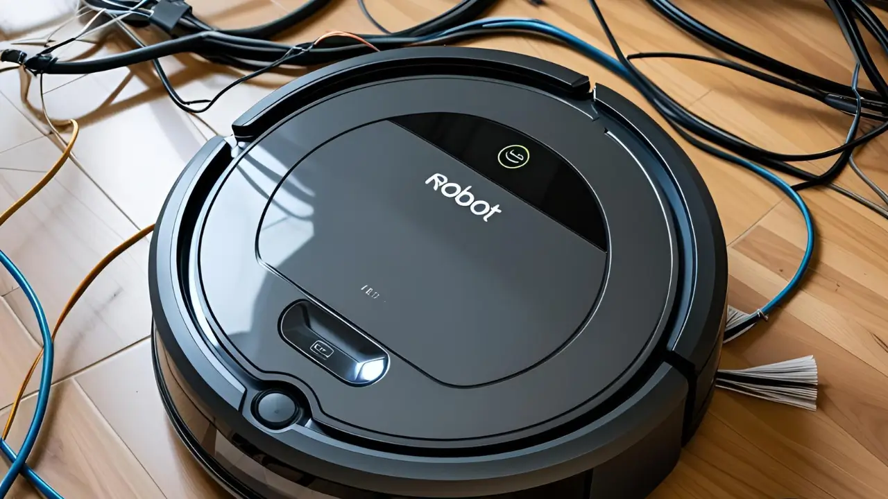 Robô organizador enroscado em fios elétricos no chão, exemplificando um problema comum de falta de preparação