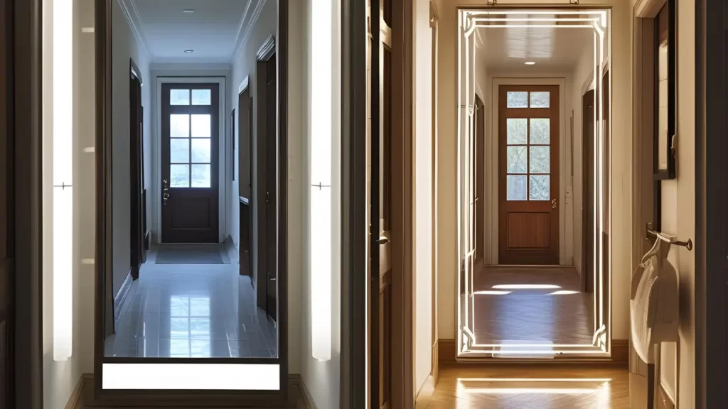 Antes e depois de corredor com espelho e overlay de luz, mostrando ampliação e iluminação