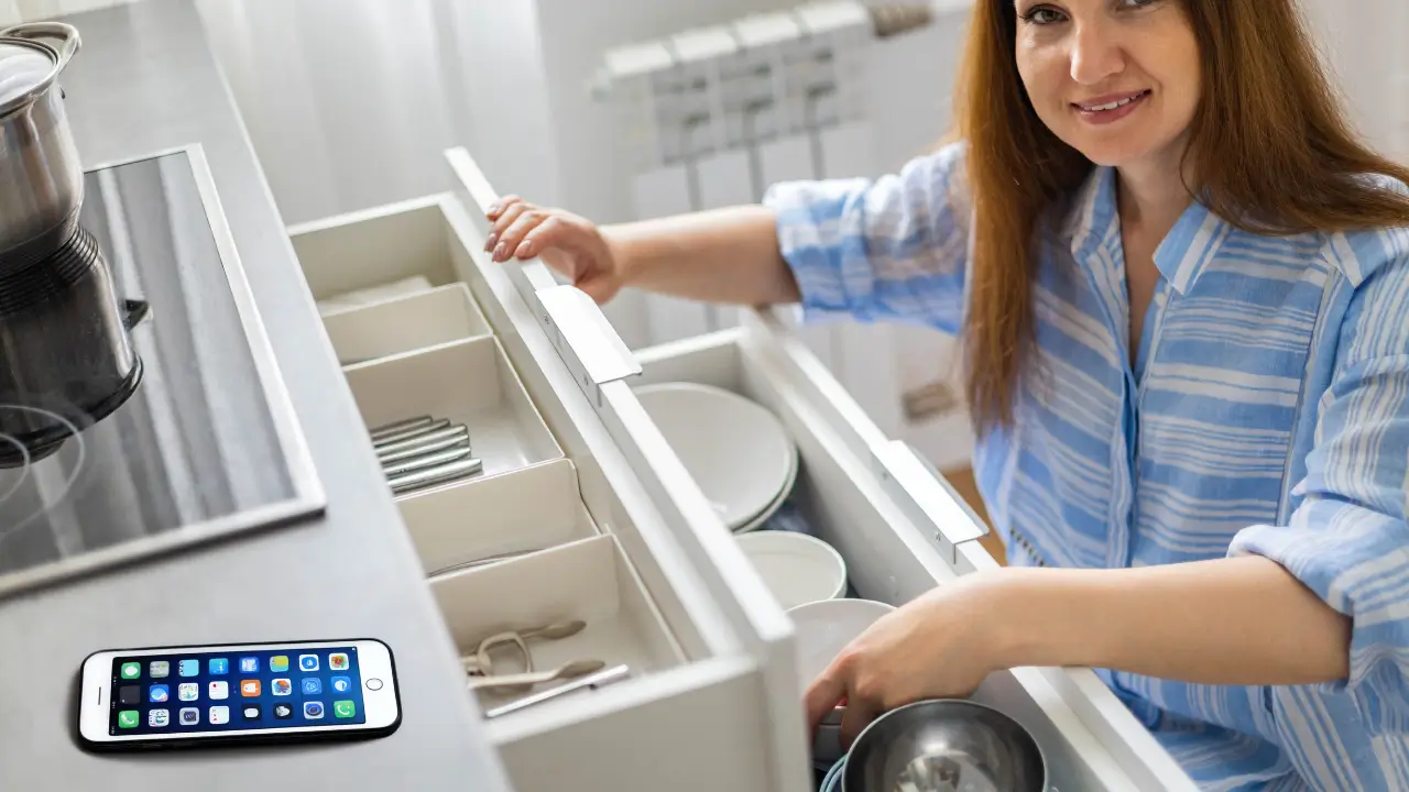 Mulher sorrindo usando um smartphone com apps para organizar a casa em uma cozinha bem iluminada.