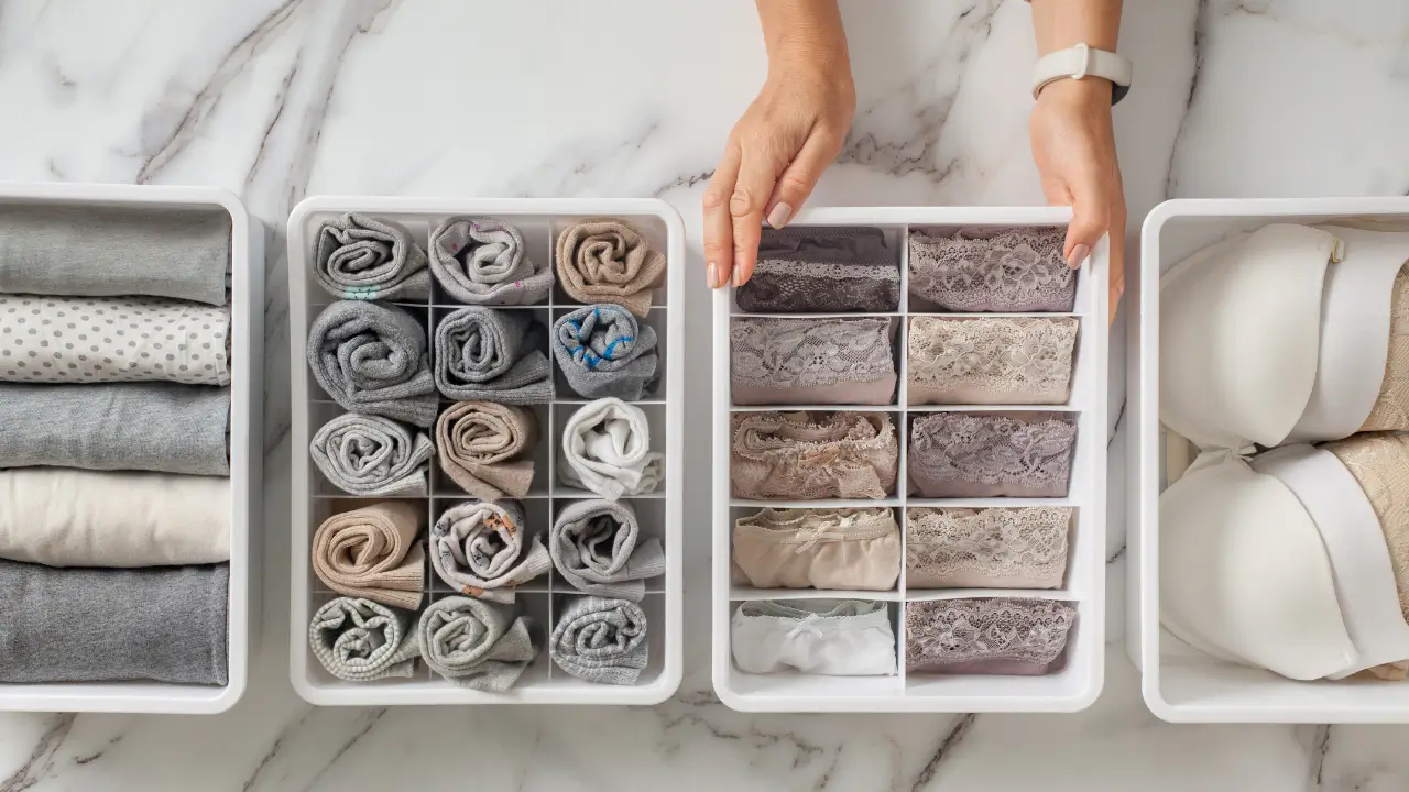 Mãos de uma pessoa organizando roupas dobradas verticalmente em uma gaveta, aplicando um método de organização.