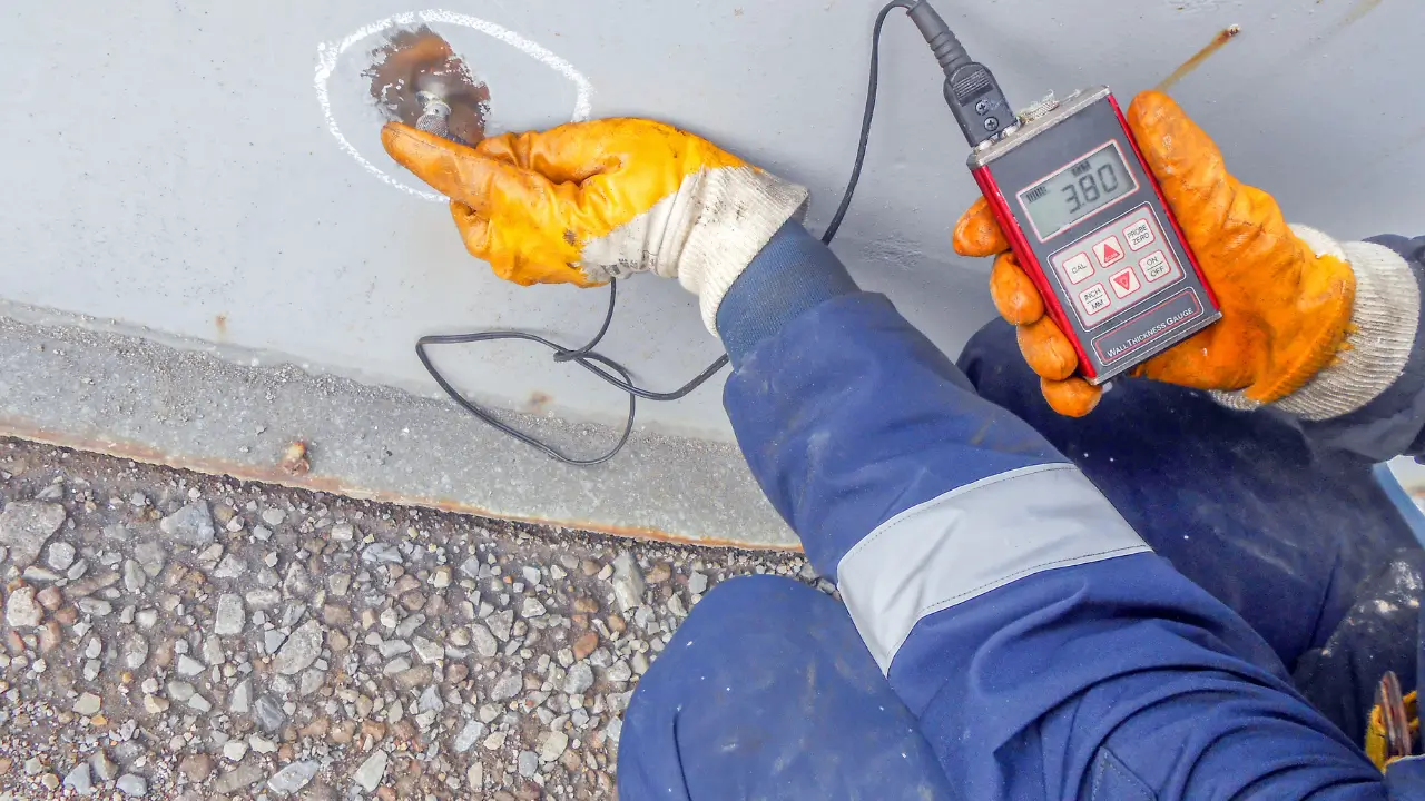 Mão usando um medidor de espessura para verificar a camada de tinta térmica aplicada em uma parede.