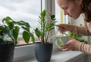 Mulher concentrada enquanto cuida de suas plantas bioativas, que purificam o ar e reduzem o estresse.