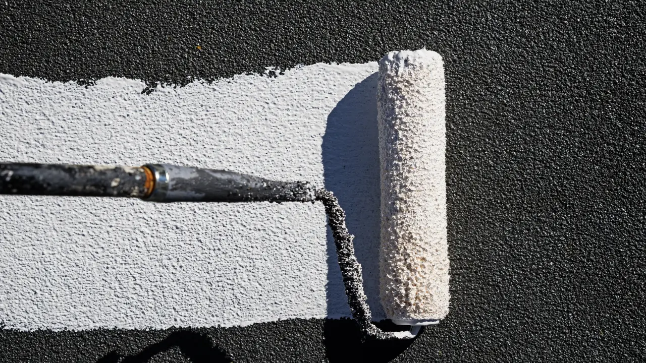 Profissional aplicando tinta termorreguladora branca em um telhado para reduzir o calor e economizar energia.