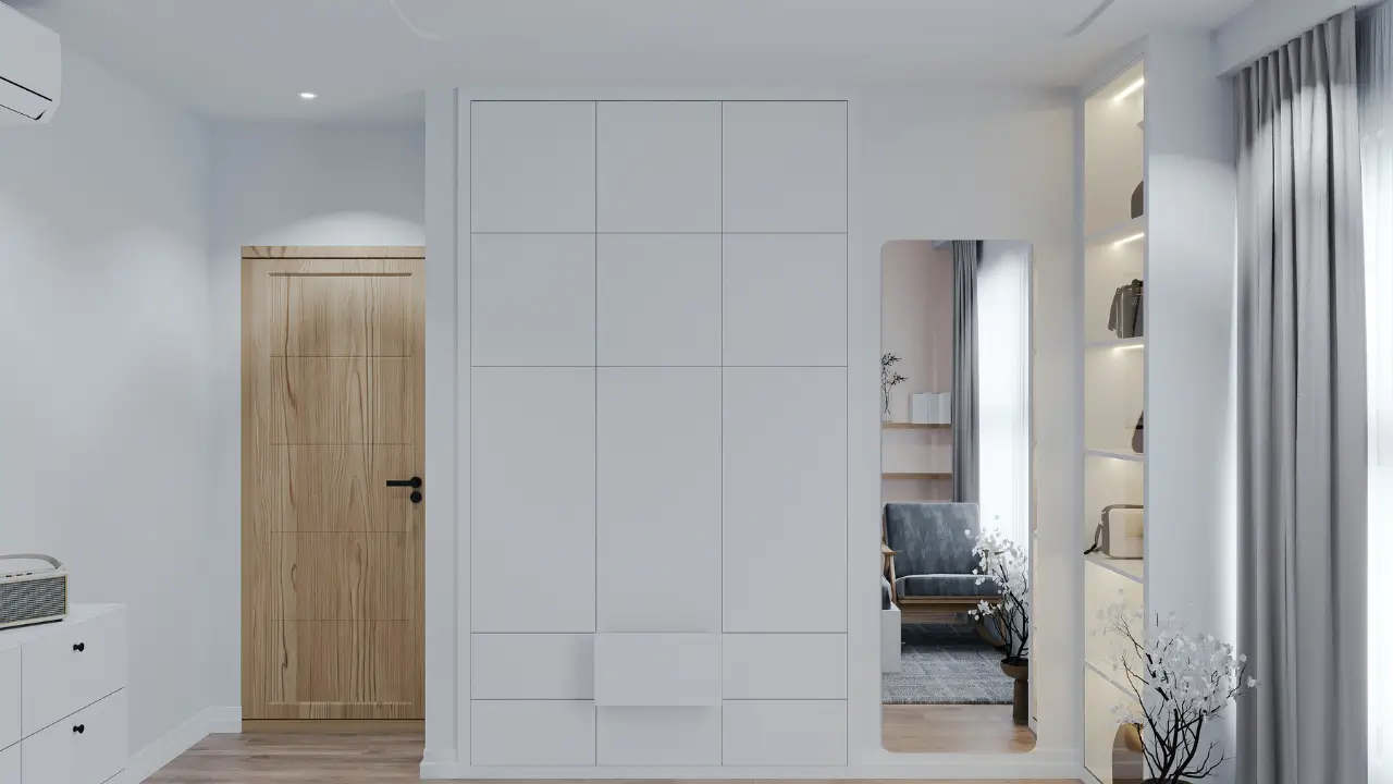 Quarto minimalista e organizado onde o armário invisível se integra perfeitamente à parede, criando uma atmosfera de calma.