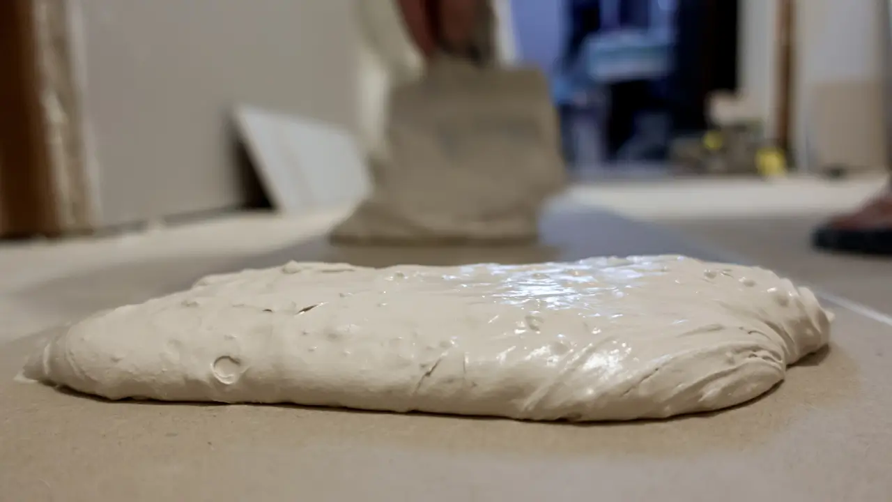 Close-up de uma pessoa aplicando com um rolo a solução líquida antiderrapante no piso de cerâmica do box do banheiro.