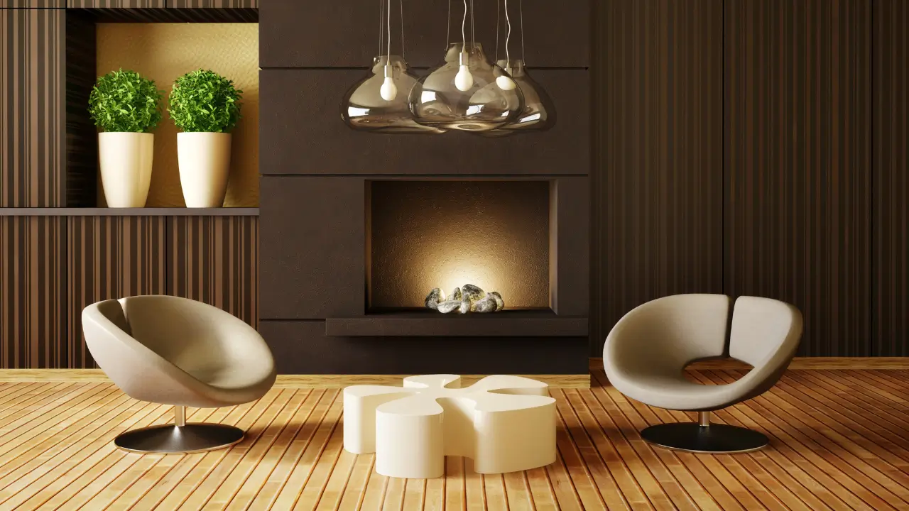 Sala de estar minimalista com um grande armário invisível, pintado da mesma cor da parede e com puxadores discretos.