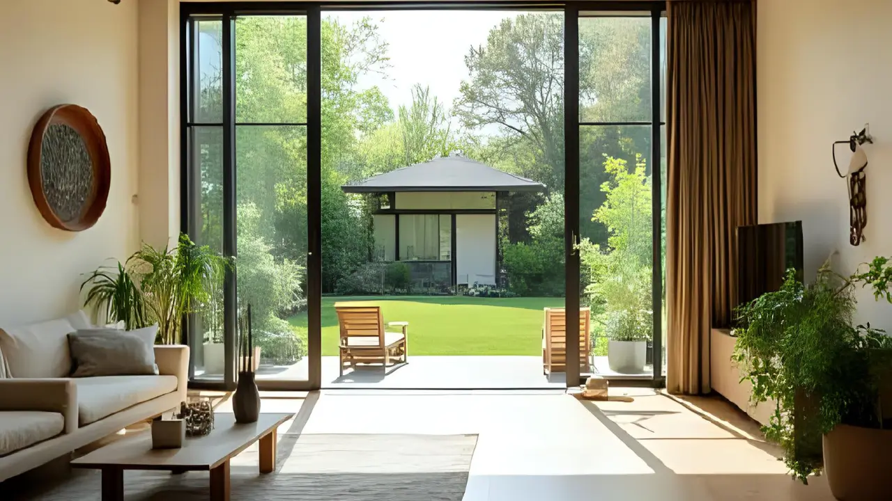 Ambiente de uma casa harmonizada com os princípios do Feng Shui Moderno, com muita luz natural, plantas e fluxo livre.