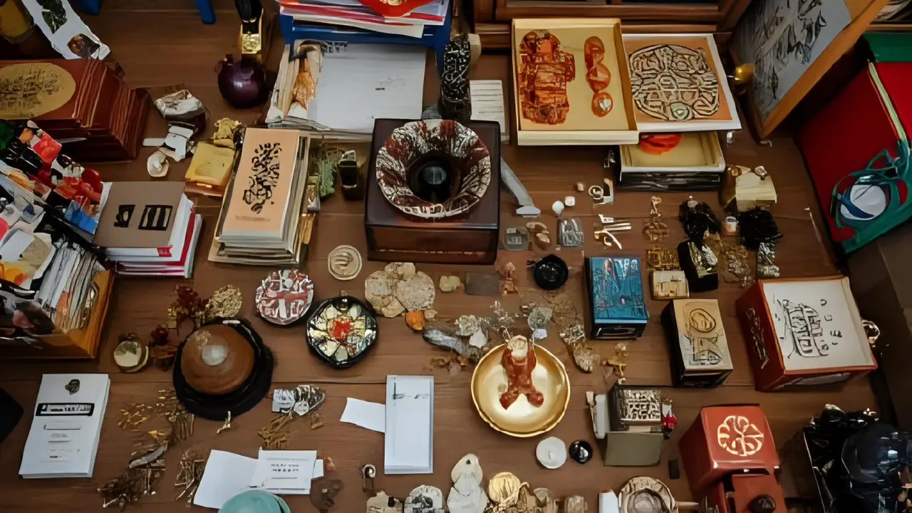 Ambiente confuso com excesso de amuletos e objetos de Feng Shui, exemplificando o problema da estagnação de energia.