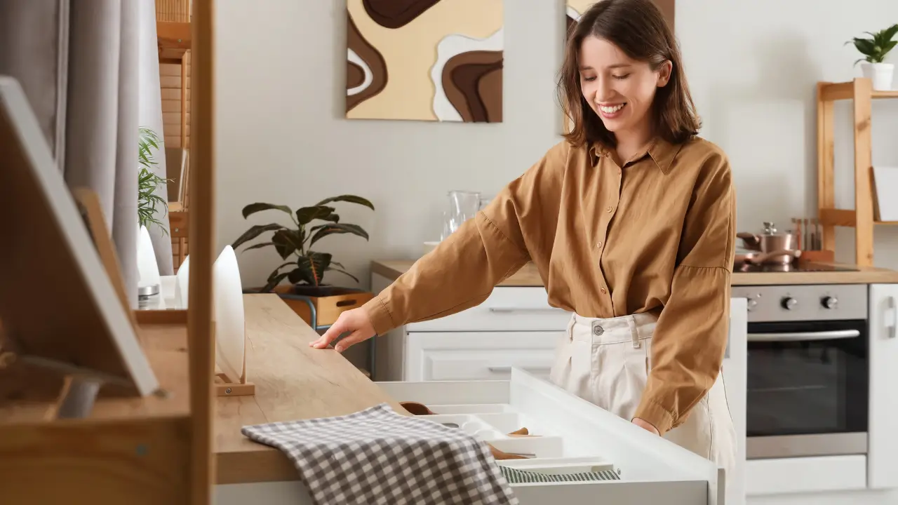 Uma mulher sorrindo enquanto coloca talheres em um organizador dentro da gaveta da cozinha.