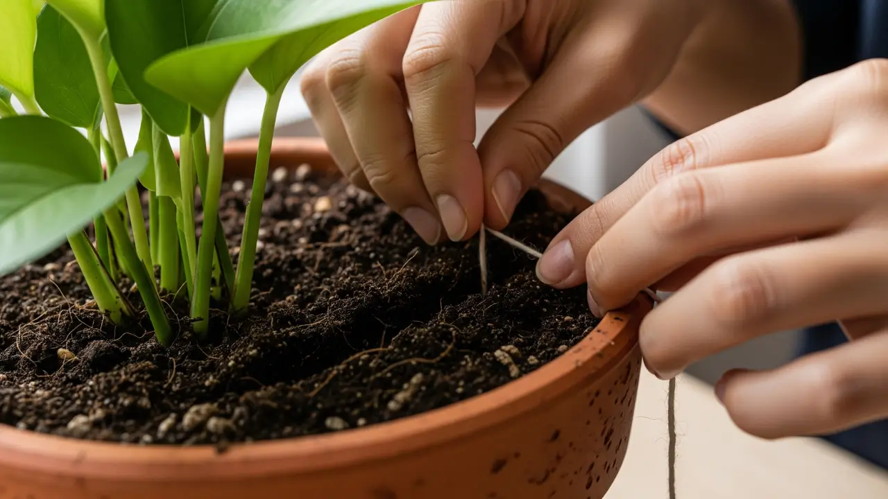 Mãos de uma pessoa montando o sistema de Técnica da Regra 3-2-1 que rega automaticamne, enterrando o barbante na terra de um vaso.