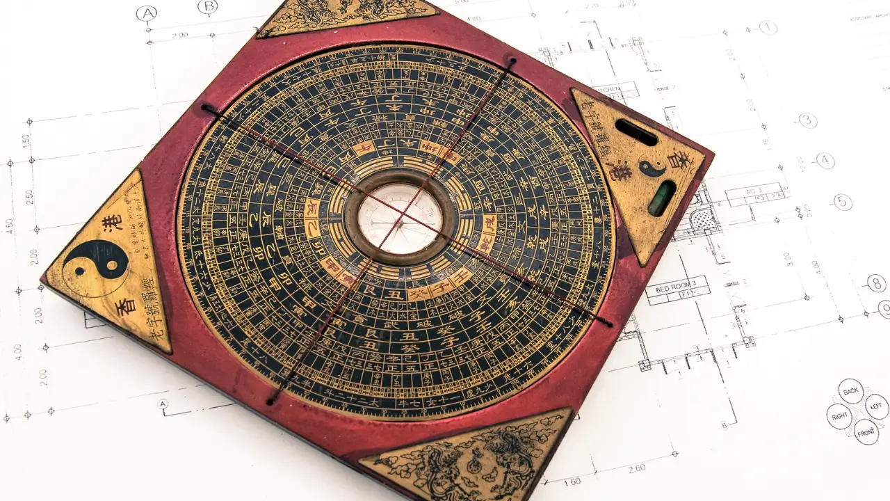 Ilustração de uma bússola de Feng Shui sobre a planta de uma casa, representando a ferramenta para harmonizar o lar.