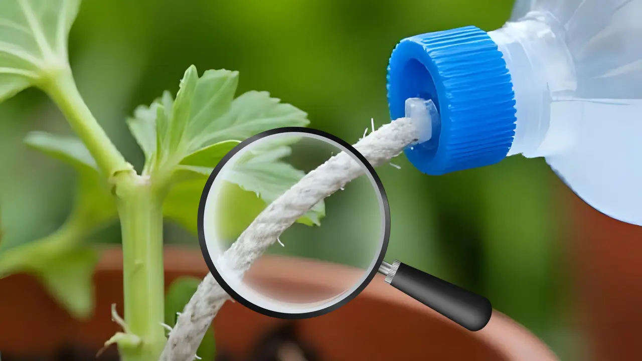 Uma pessoa inspecionando de perto um sistema de rega com barbante que não está funcionando, com uma lupa ilustrativa.