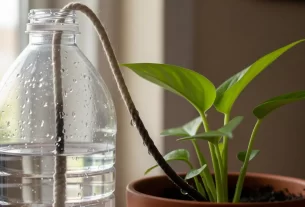 Close-up de um sistema de irrigação caseiro com barbante de algodão conectando uma garrafa de água a um vaso de planta de interior.