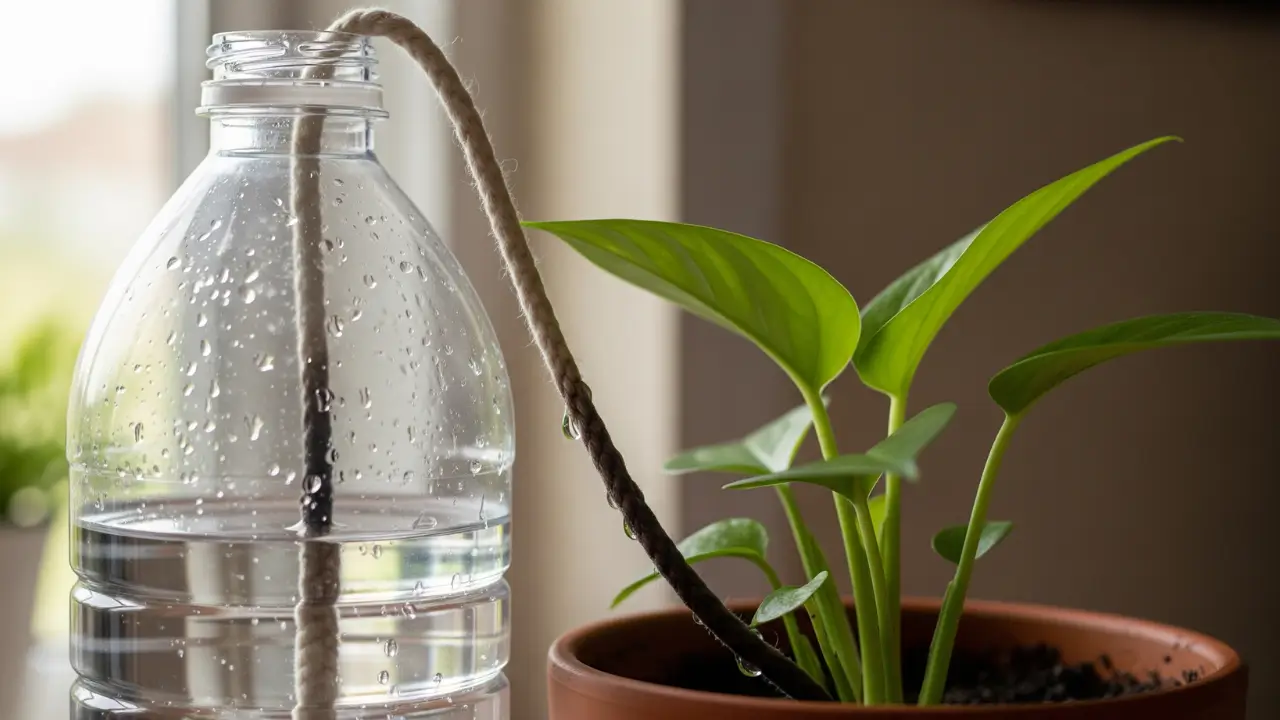 Close-up de um sistema de irrigação caseiro com barbante de algodão conectando uma garrafa de água a um vaso de planta de interior.