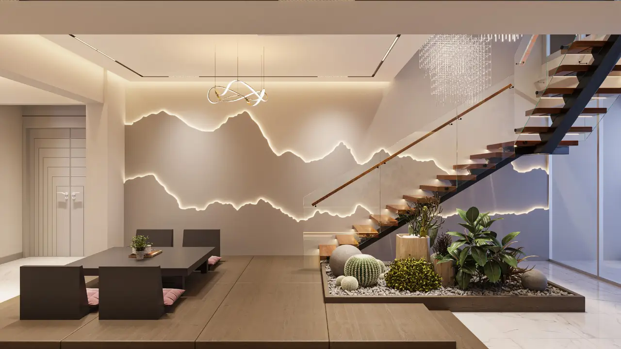 Sala de estar decorada com a cor greige na parede, um sofá branco, almofadas texturizadas e uma mesa de centro de madeira, exemplificando a tendência greige.