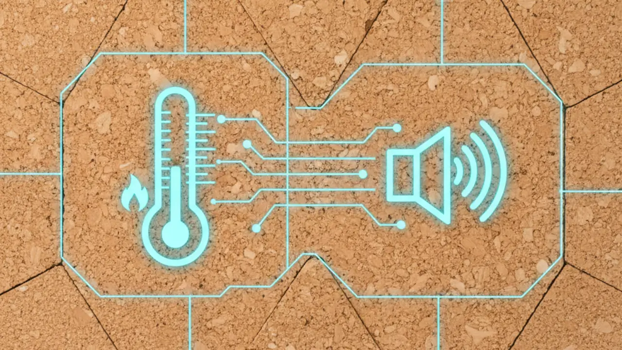 Ícones de um termómetro e de uma onda sonora sobrepostos a uma placa de cortiça.