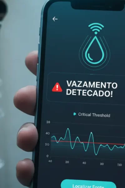 Mão segurando smartphone com app que detecta vazamentos e ícone de gota d'água ao fundo.