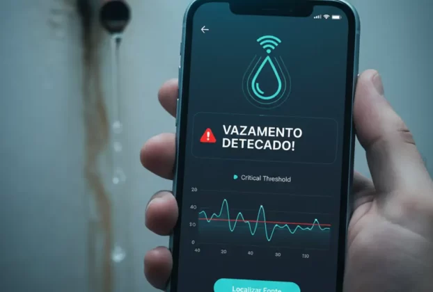 Mão segurando smartphone com app que detecta vazamentos e ícone de gota d'água ao fundo.