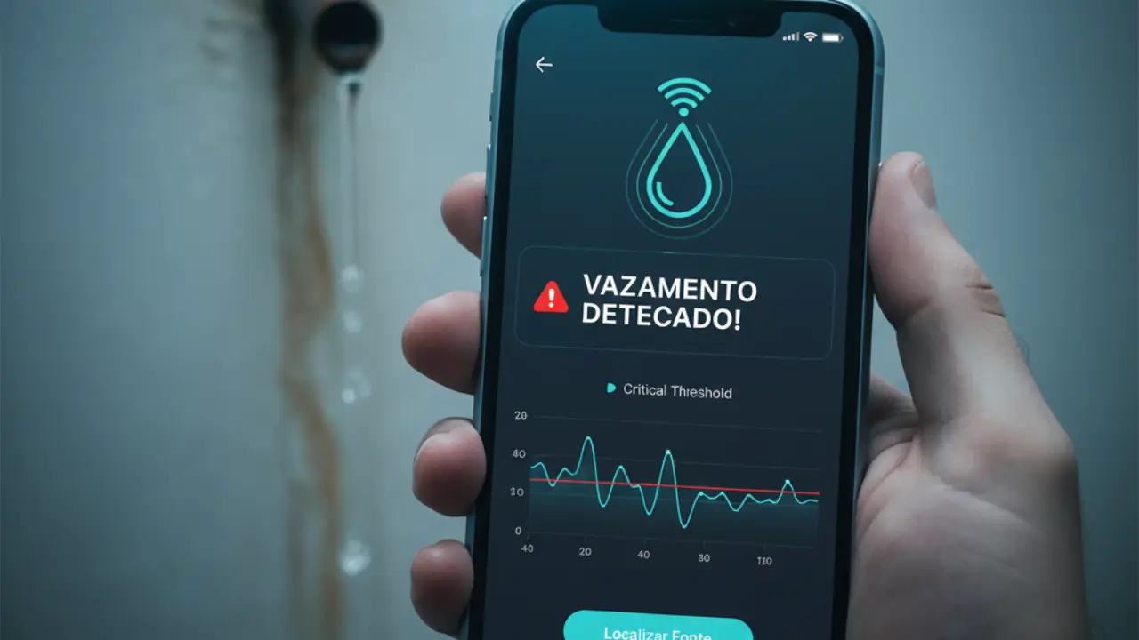Mão segurando smartphone com app que detecta vazamentos e ícone de gota d'água ao fundo.