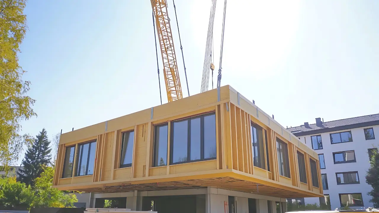 Processo de montagem de casas modulares, com uma grua a posicionar um módulo de uma habitação contemporânea num terreno arborizado.