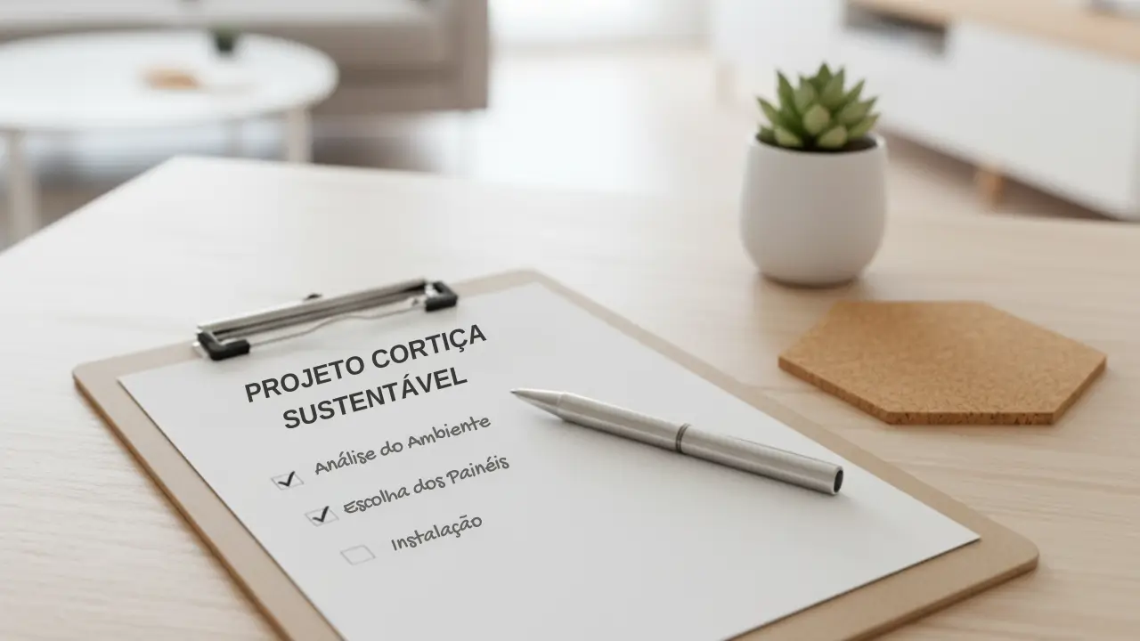 Uma prancheta com um checklist e uma caneta, ao lado de uma amostra de cortiça e de uma planta pequena.