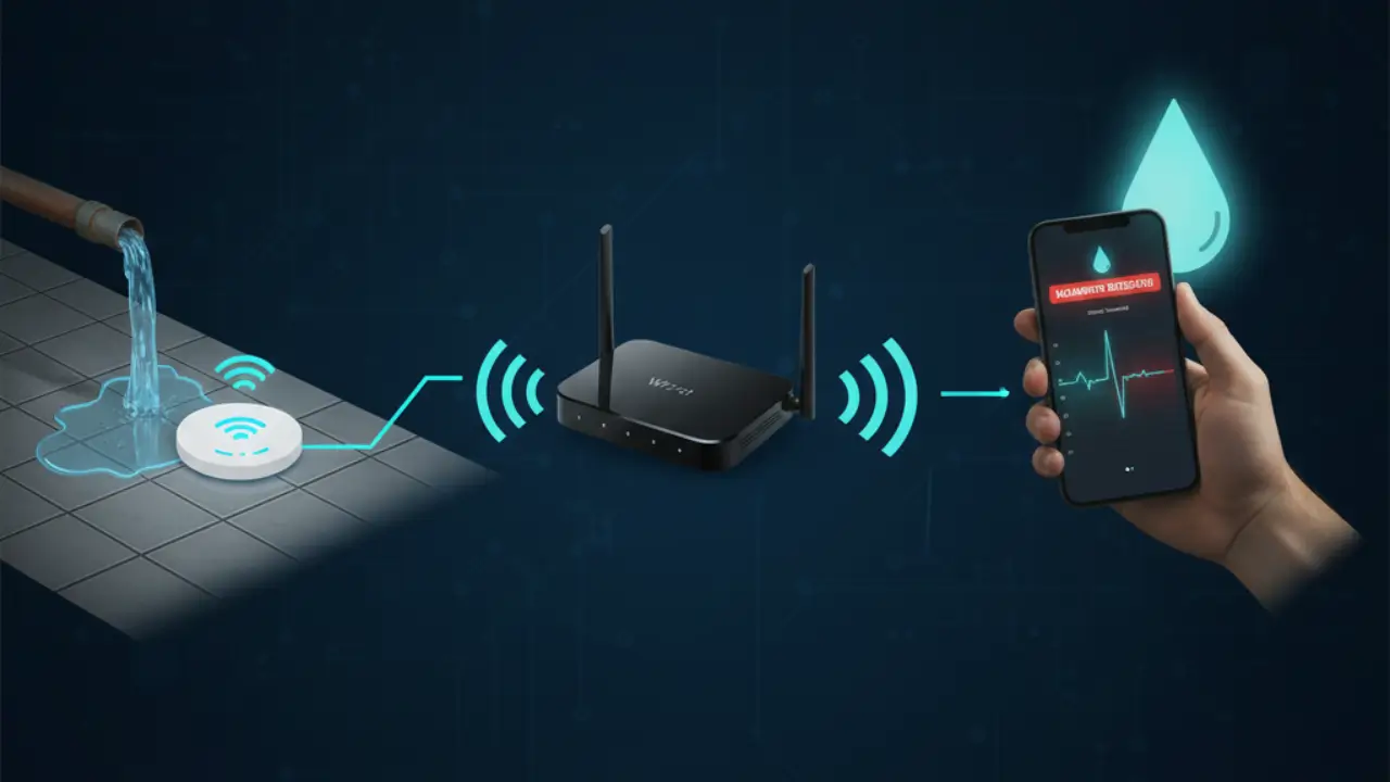 Infográfico mostrando um sensor de vazamento enviando um sinal Wi-Fi para um roteador e depois para um smartphone.