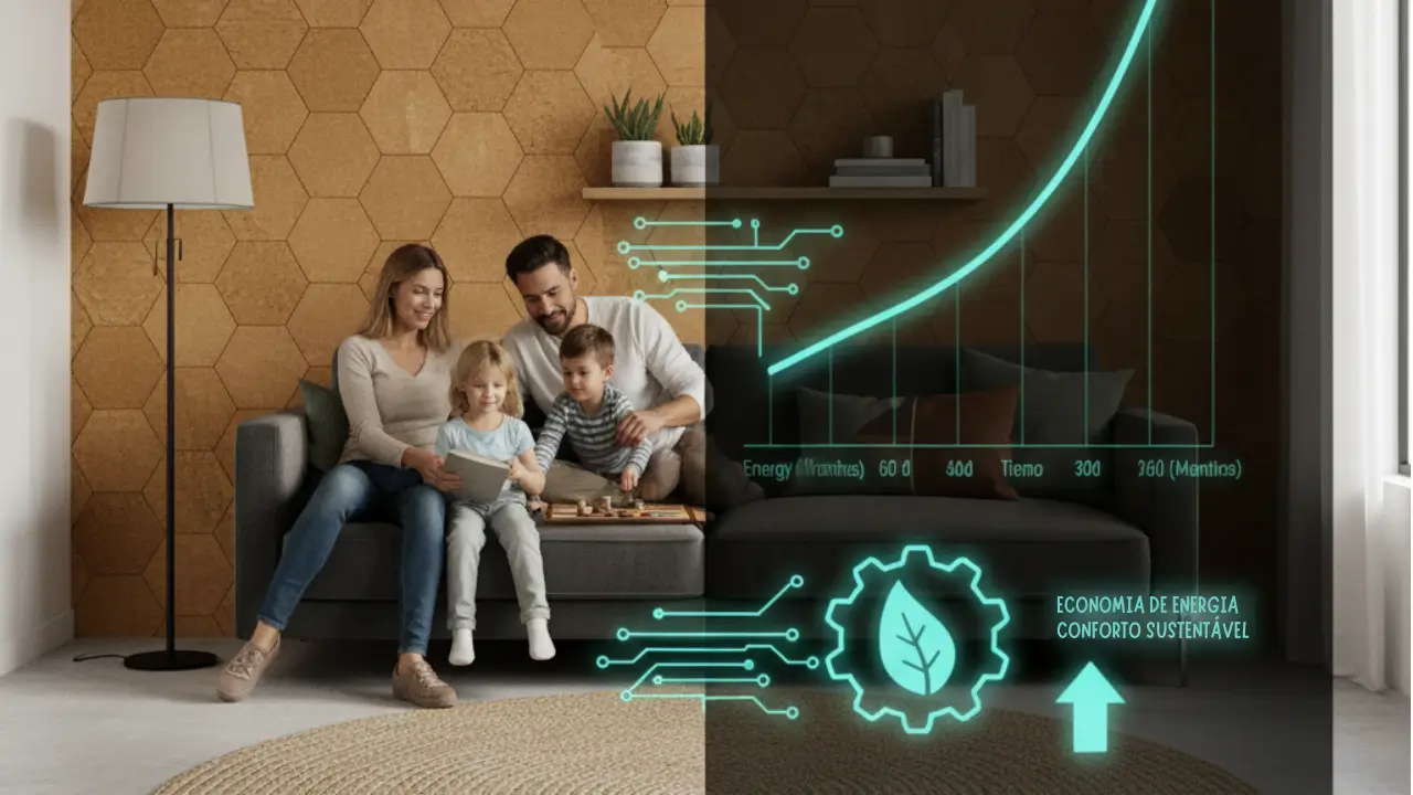 Divisão de uma imagem mostrando de um lado uma família a relaxar numa sala silenciosa e do outro um gráfico de eficiência energética a subir.