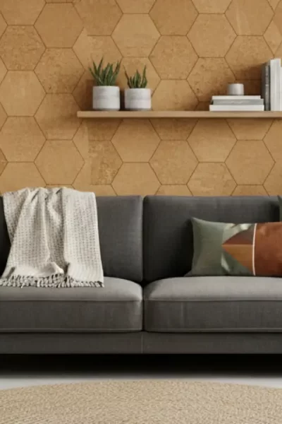 Parede de uma sala de estar moderna revestida com painéis de cortiça, destacando a sua textura natural e acolhedora.