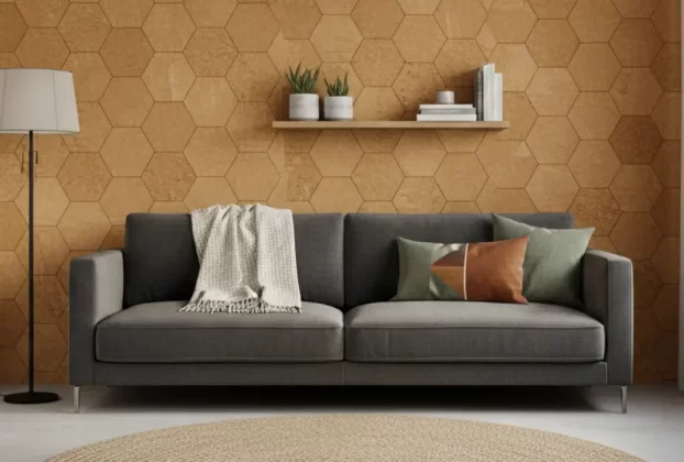 Parede de uma sala de estar moderna revestida com painéis de cortiça, destacando a sua textura natural e acolhedora.