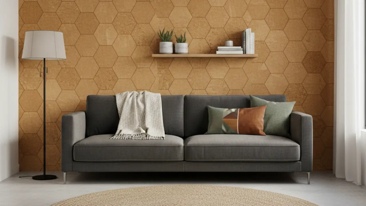 Parede de uma sala de estar moderna revestida com painéis de cortiça, destacando a sua textura natural e acolhedora.