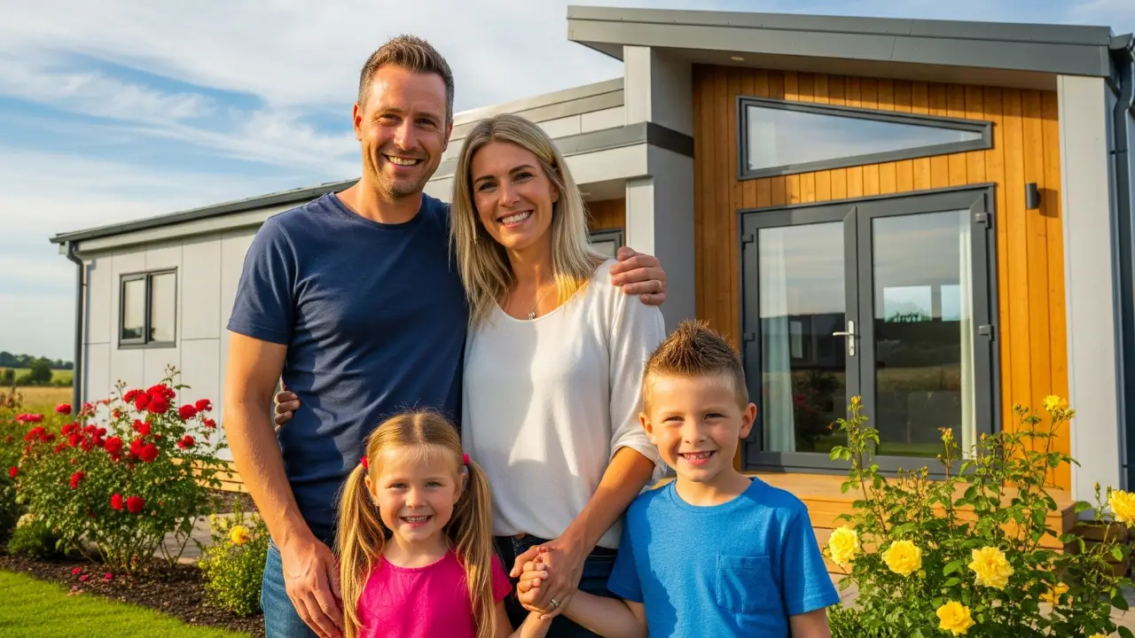 Uma família feliz, com um casal e dois filhos, em frente à sua casa modular recém-construída, com um jardim e um céu azul ao fundo.