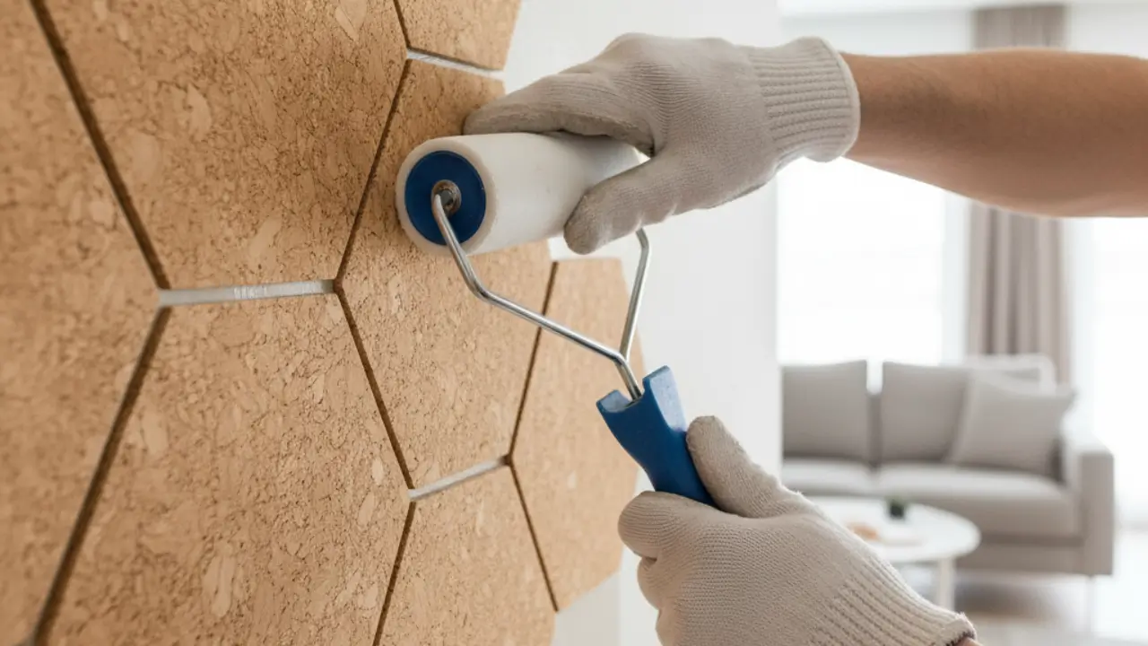 Mãos de um profissional a aplicar um painel de cortiça numa parede, utilizando um rolo de pressão.