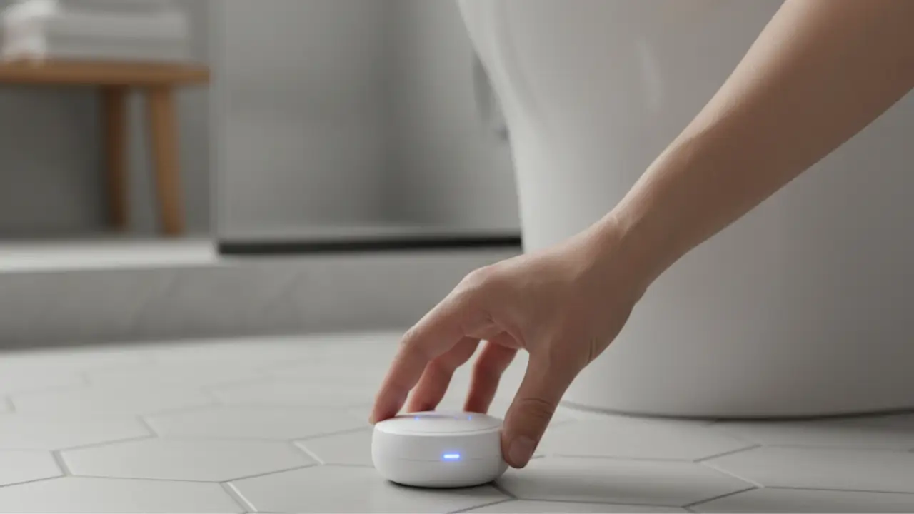 Pessoa colocando um sensor de umidade branco no chão do banheiro, ao lado do vaso sanitário.