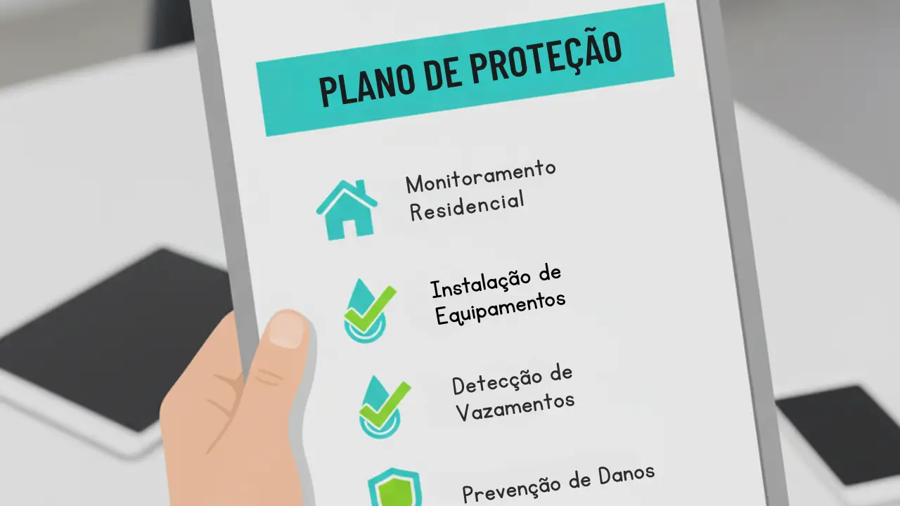 Checklist em uma prancheta com ícones de casa, gota d'água e escudo, simbolizando um plano de proteção.