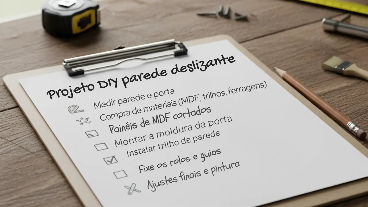 Prancheta com um checklist de um projeto DIY de parede deslizante, com ícones de ferramentas e medição.