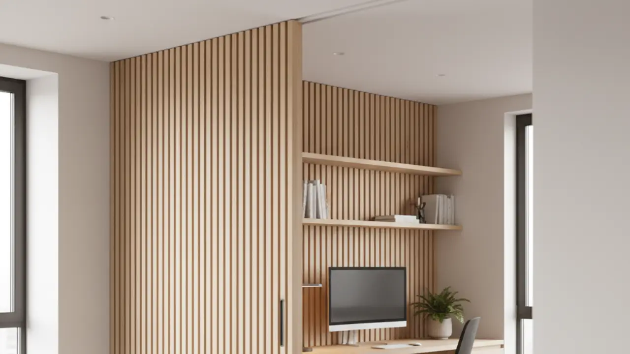 Um home office compacto sendo revelado atrás de uma parede deslizante elegante de MDF ripado em um studio.