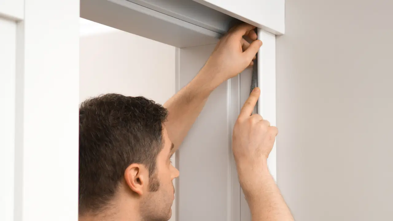 Pessoa instalando um trilho de porta de correr.