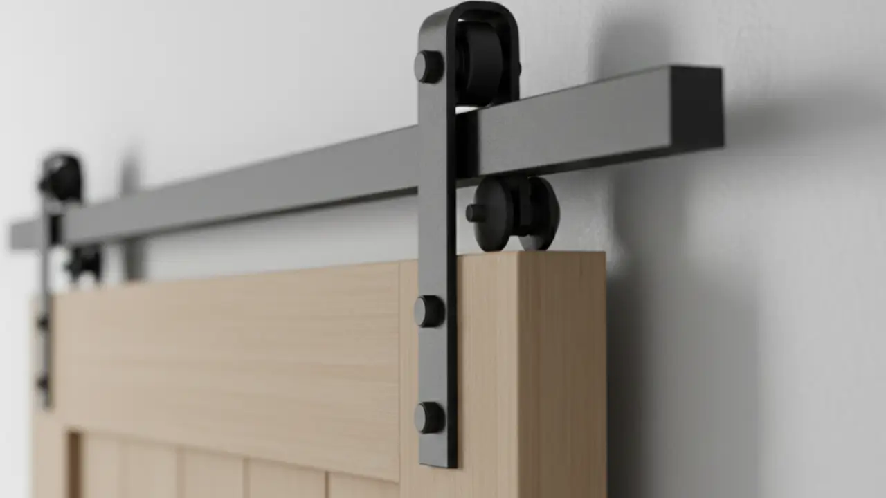 Close-up de roldanas de metal preto correndo suavemente em um trilho fixado na parede.
