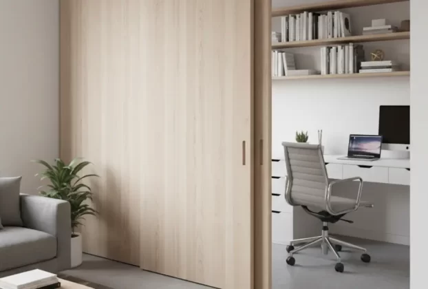 Parede deslizante de madeira clara em um ambiente pequeno e moderno, separando a área de estar de um escritório.